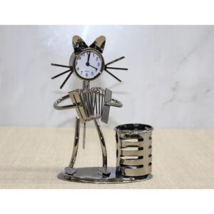 Metal Akordiyon Çalan Müzisyen Kedi Müzisyen Saat Ve Kalemlik